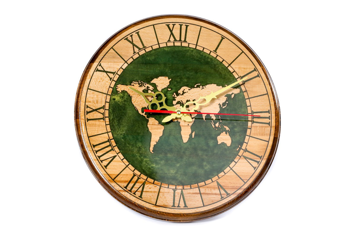 Handmade wooden wall clock with world map in green, 13.8 inch / 35 cm, by Hrachya Ohanyan