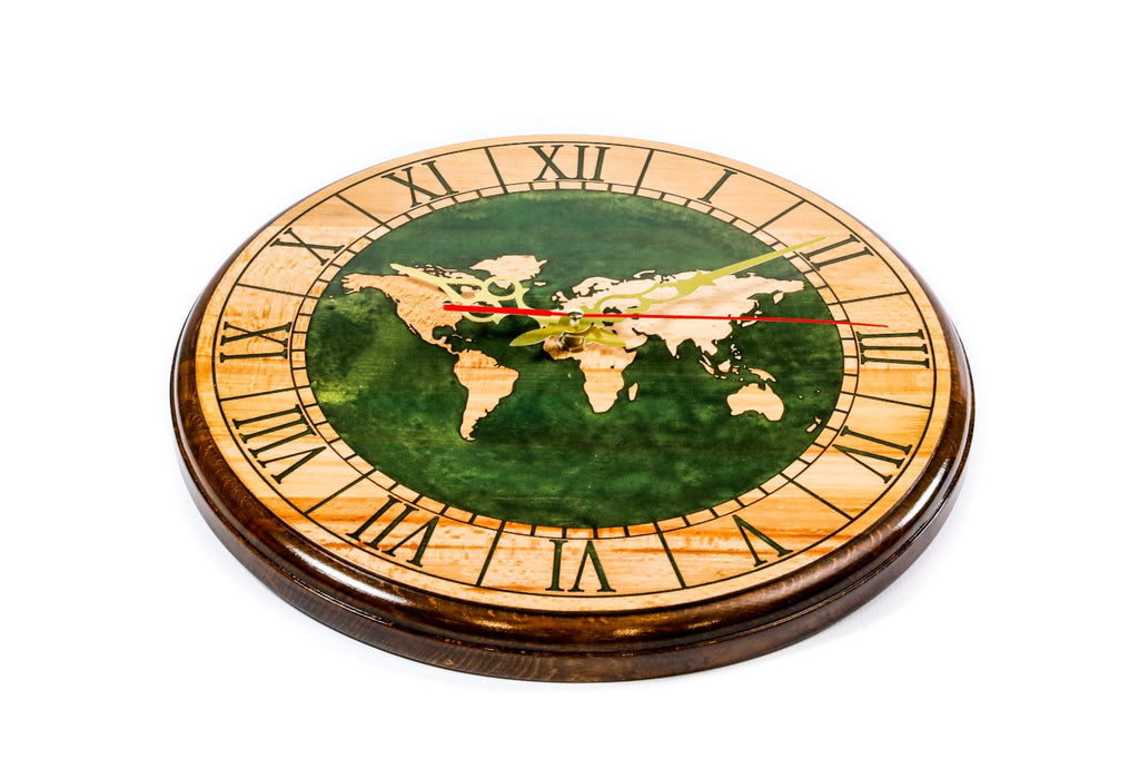 World map wooden wall clock in green, second view, by Hrachya Ohanyan
