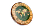 World map wooden wall clock in green, detail view, by Hrachya Ohanyan