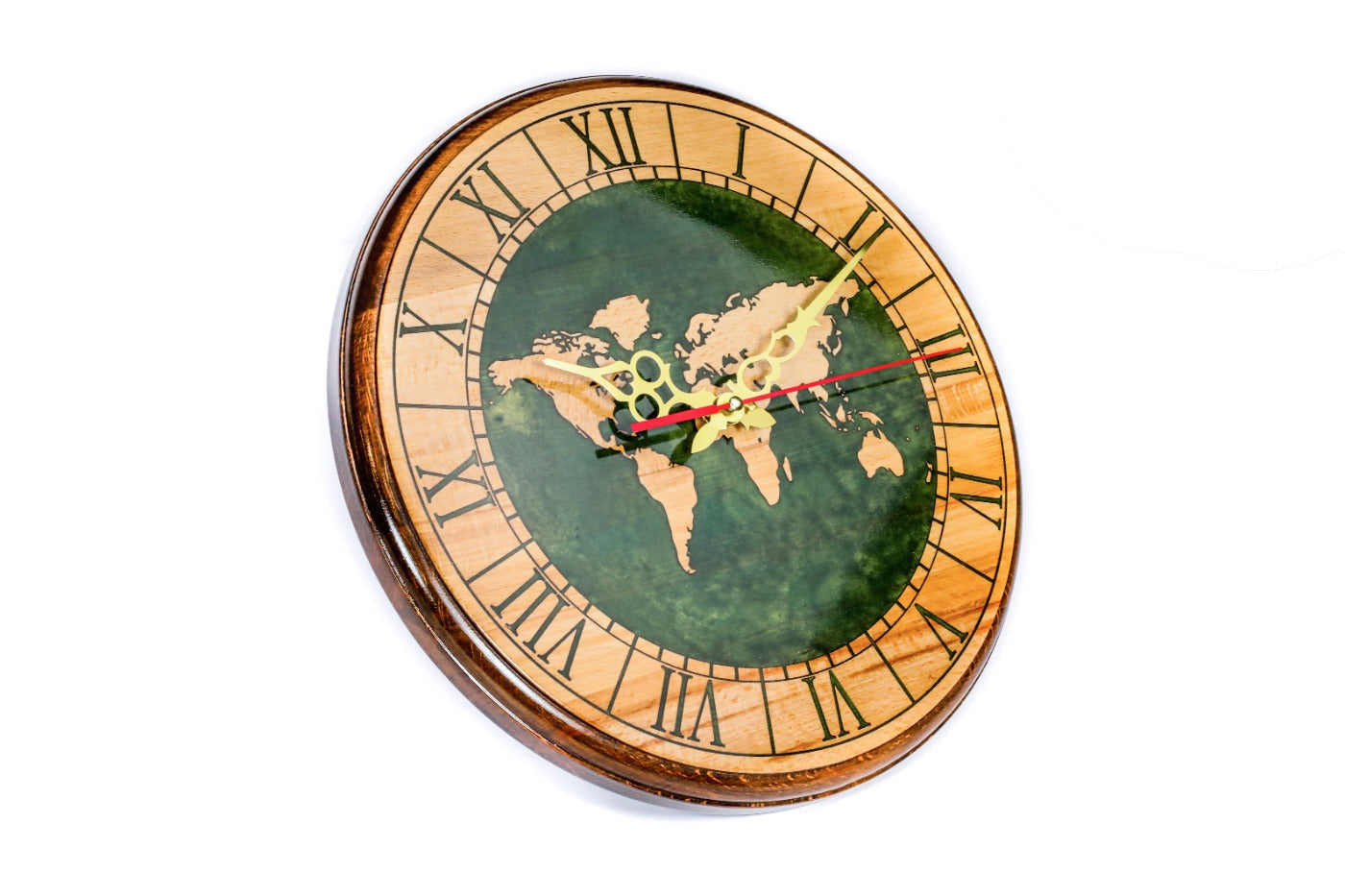 World map wooden wall clock in green, detail view, by Hrachya Ohanyan