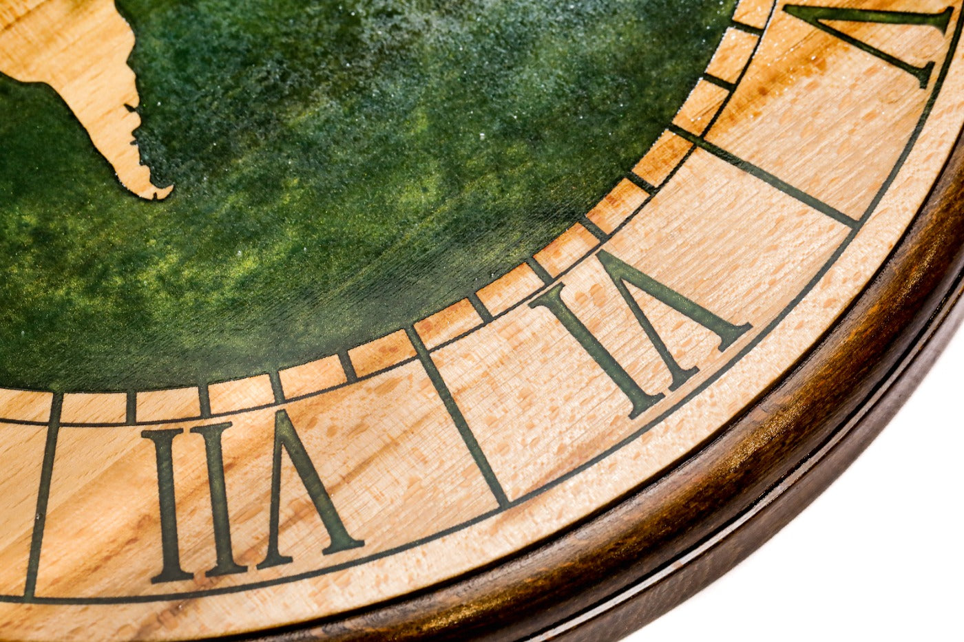 World map wooden wall clock in green, view 6, by Hrachya Ohanyan
