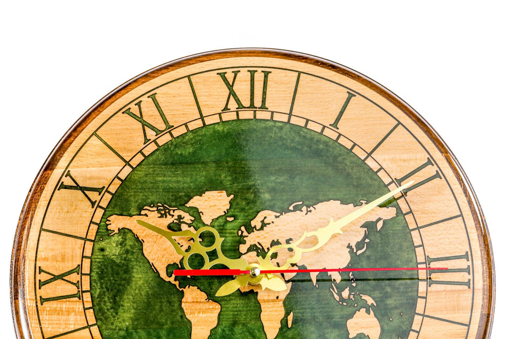 World map wooden wall clock in green, view 4, by Hrachya Ohanyan