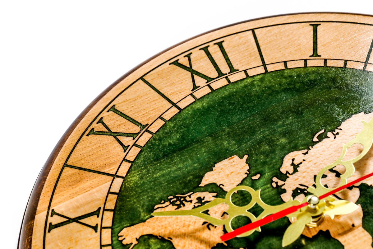 World map wooden wall clock in green, view 7, by Hrachya Ohanyan