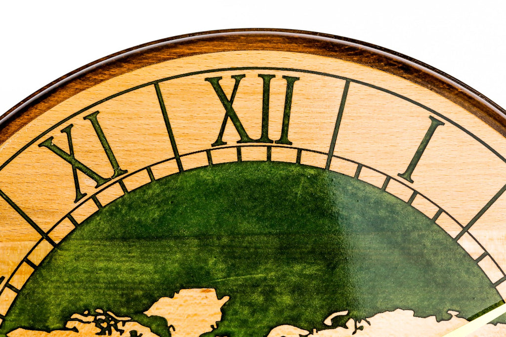 World map wooden wall clock in green, view 8, by Hrachya Ohanyan