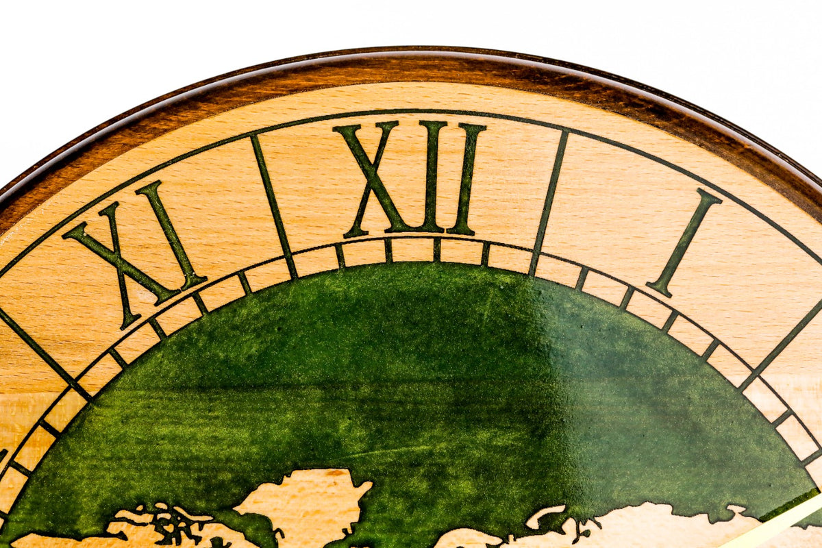 World map wooden wall clock in green, view 8, by Hrachya Ohanyan