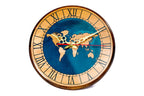 Handmade wooden wall clock with world map in blue, 13.8 inch / 35 cm, by Hrachya Ohanyan