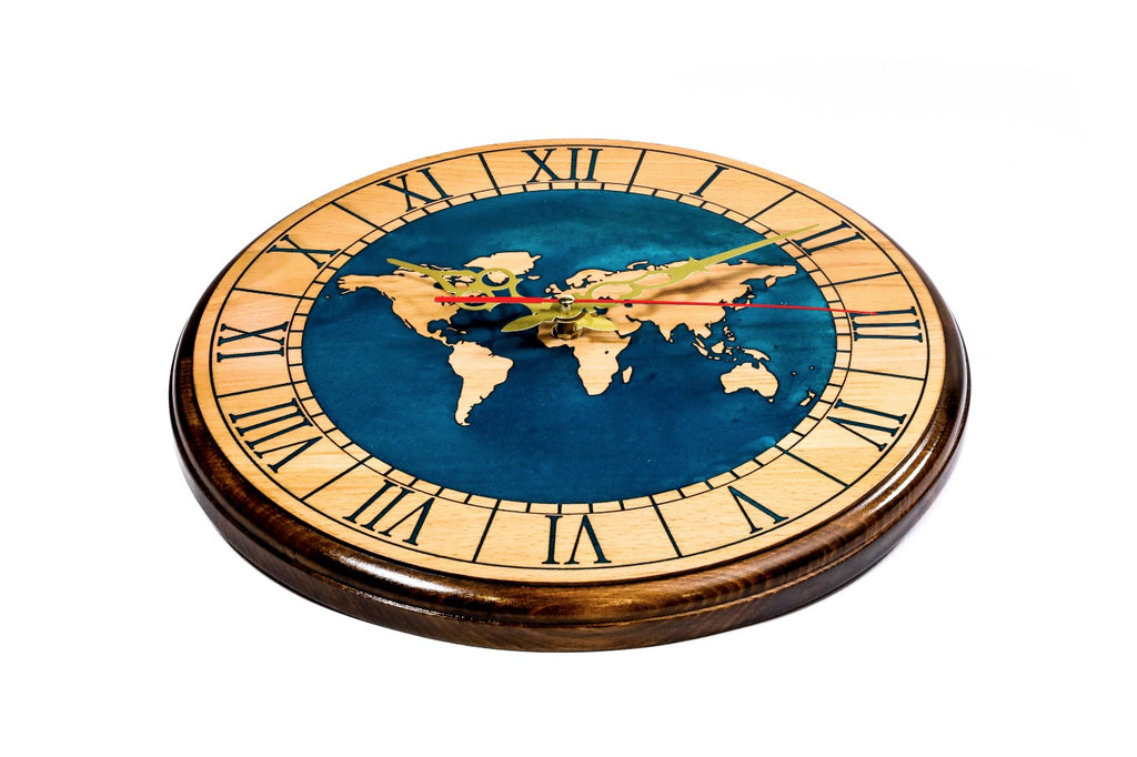World map wooden wall clock in blue, second view, by Hrachya Ohanyan