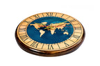 World map wooden wall clock in blue, second view, by Hrachya Ohanyan