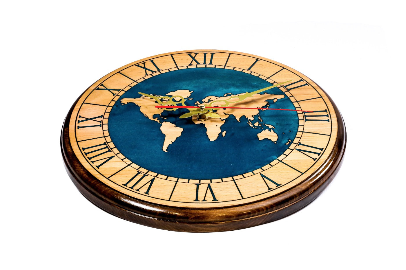 World map wooden wall clock in blue, second view, by Hrachya Ohanyan