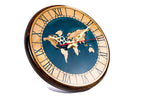 World map wooden wall clock in blue, detail view, by Hrachya Ohanyan