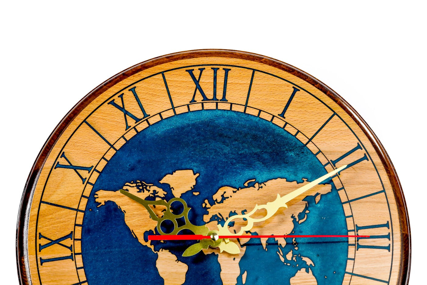 World map wooden wall clock in blue, view 4, by Hrachya Ohanyan