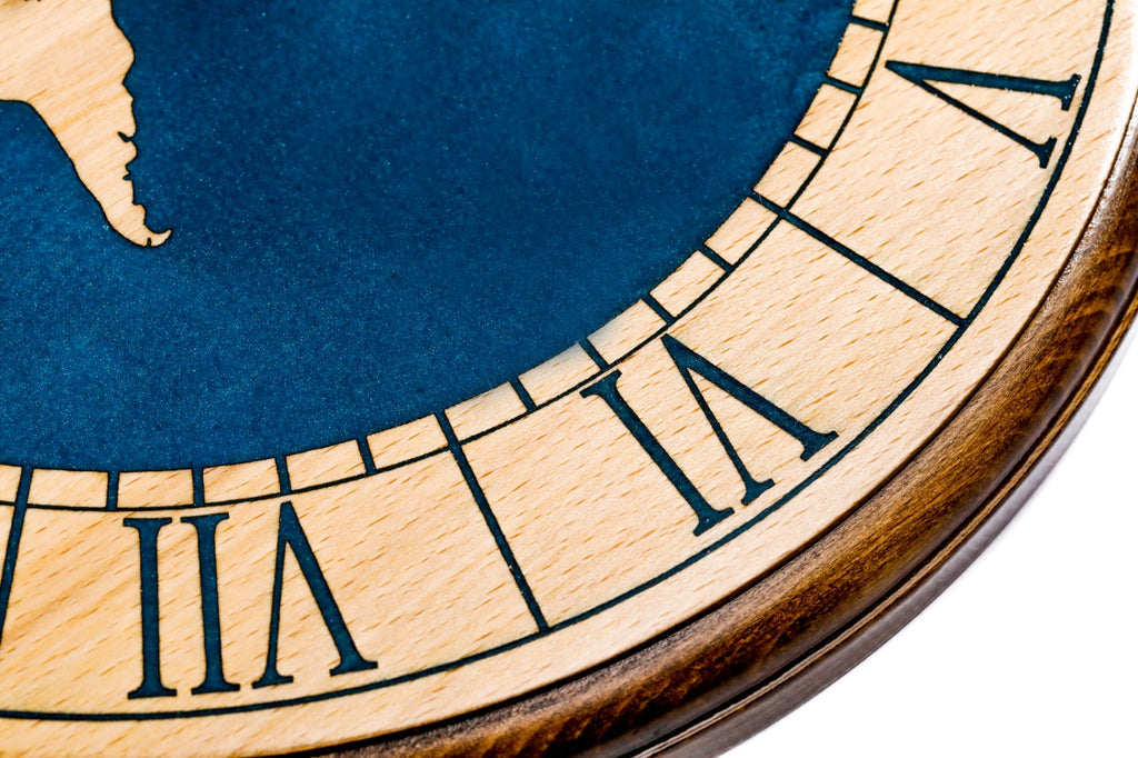 World map wooden wall clock in blue, view 5, by Hrachya Ohanyan