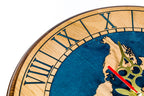 World map wooden wall clock in blue, view 6, by Hrachya Ohanyan