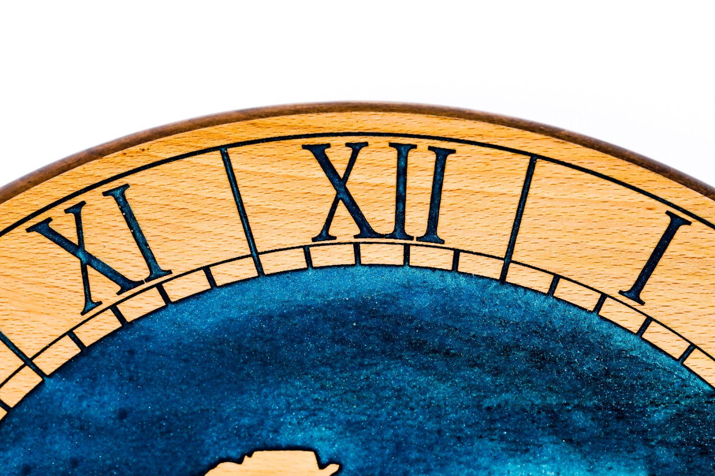 World map wooden wall clock in blue, view 7, by Hrachya Ohanyan