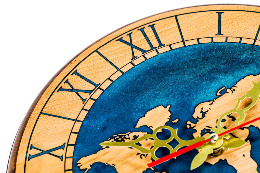 World map wooden wall clock in blue, view 8, by Hrachya Ohanyan