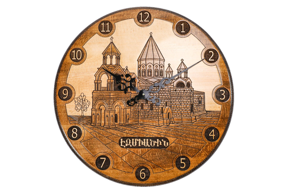Armenian wall clock with hand-carved Etchmiadzin Cathedral, 23.6 inch / 60 cm, by Hrachya Ohanyan
