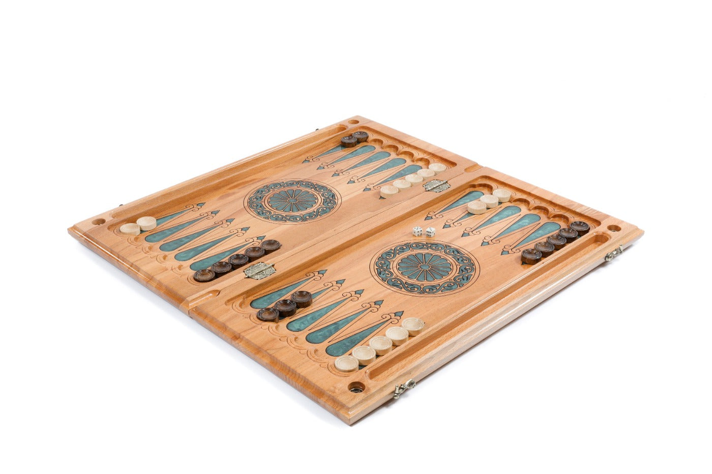 Interior view of the turquoise resin backgammon set showing the polished playing field and checkers.