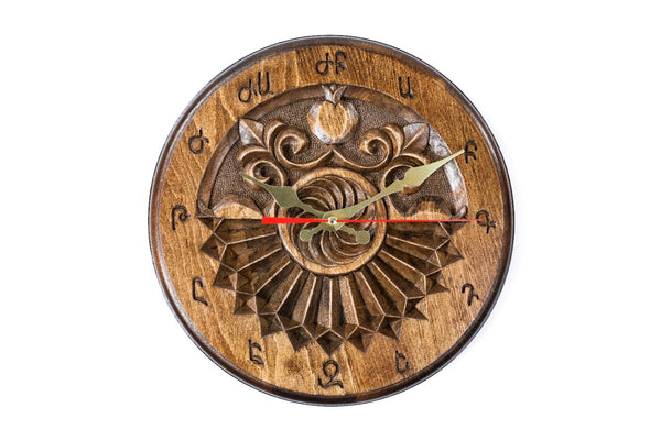 Hand-carved wall clock with Armenian letters, 11.8 inch / 30 cm, by Hrachya Ohanyan