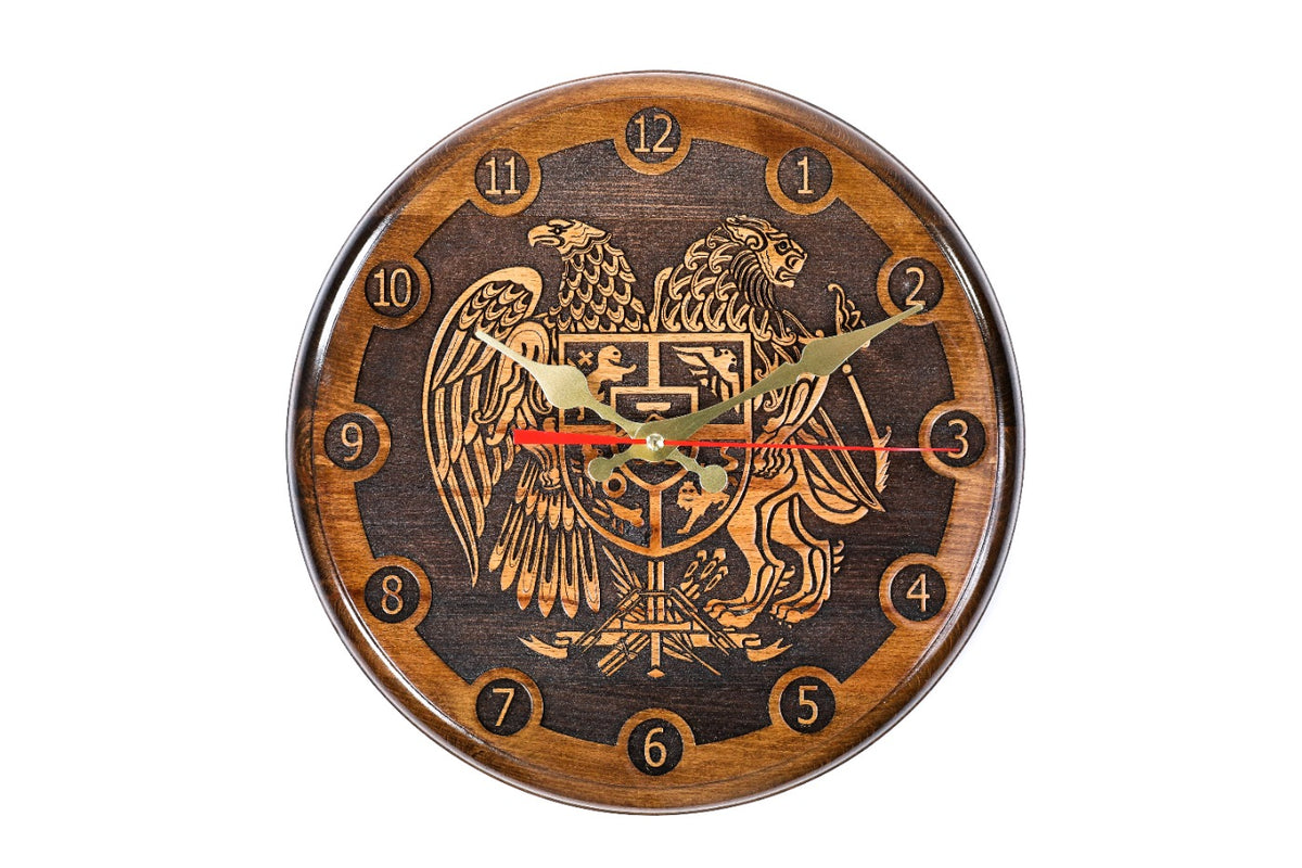 Classic Armenian wall clock with Coat of Arms of Armenia, 11.8 inch / 30 cm, by Hrachya Ohanyan
