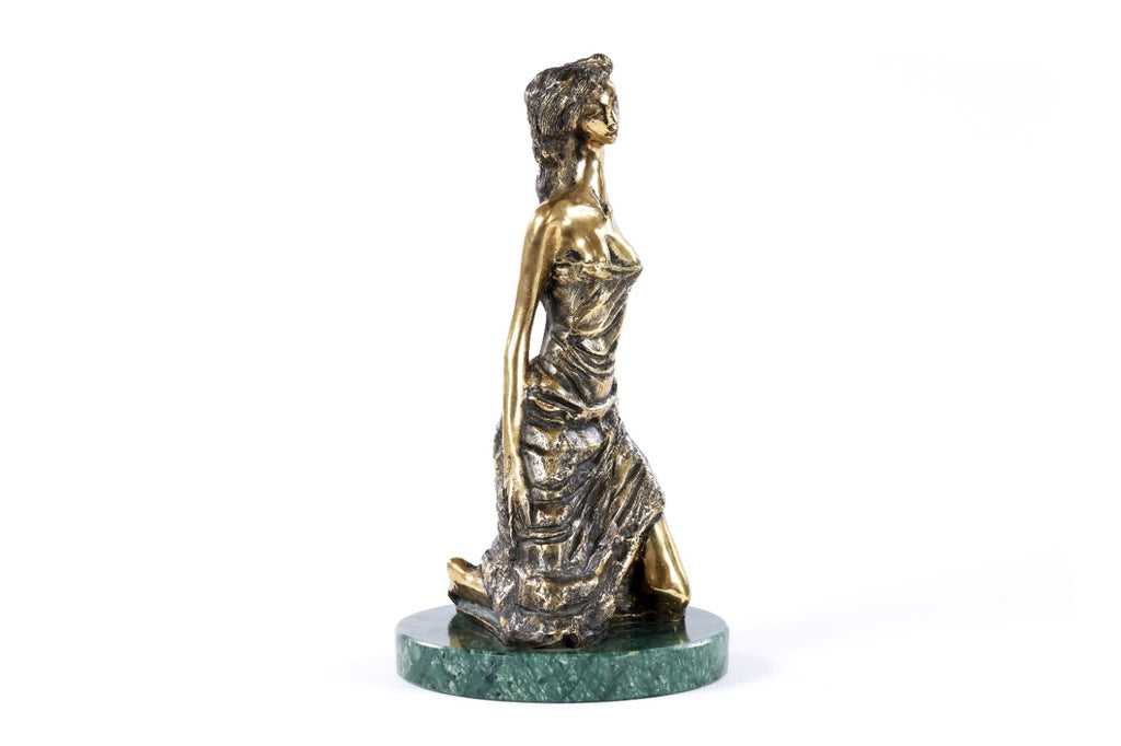 Handmade bronze Girl on Her Knees sculpture with Indian marble, 8.3" / 21 cm, by Hrachya Ohanyan