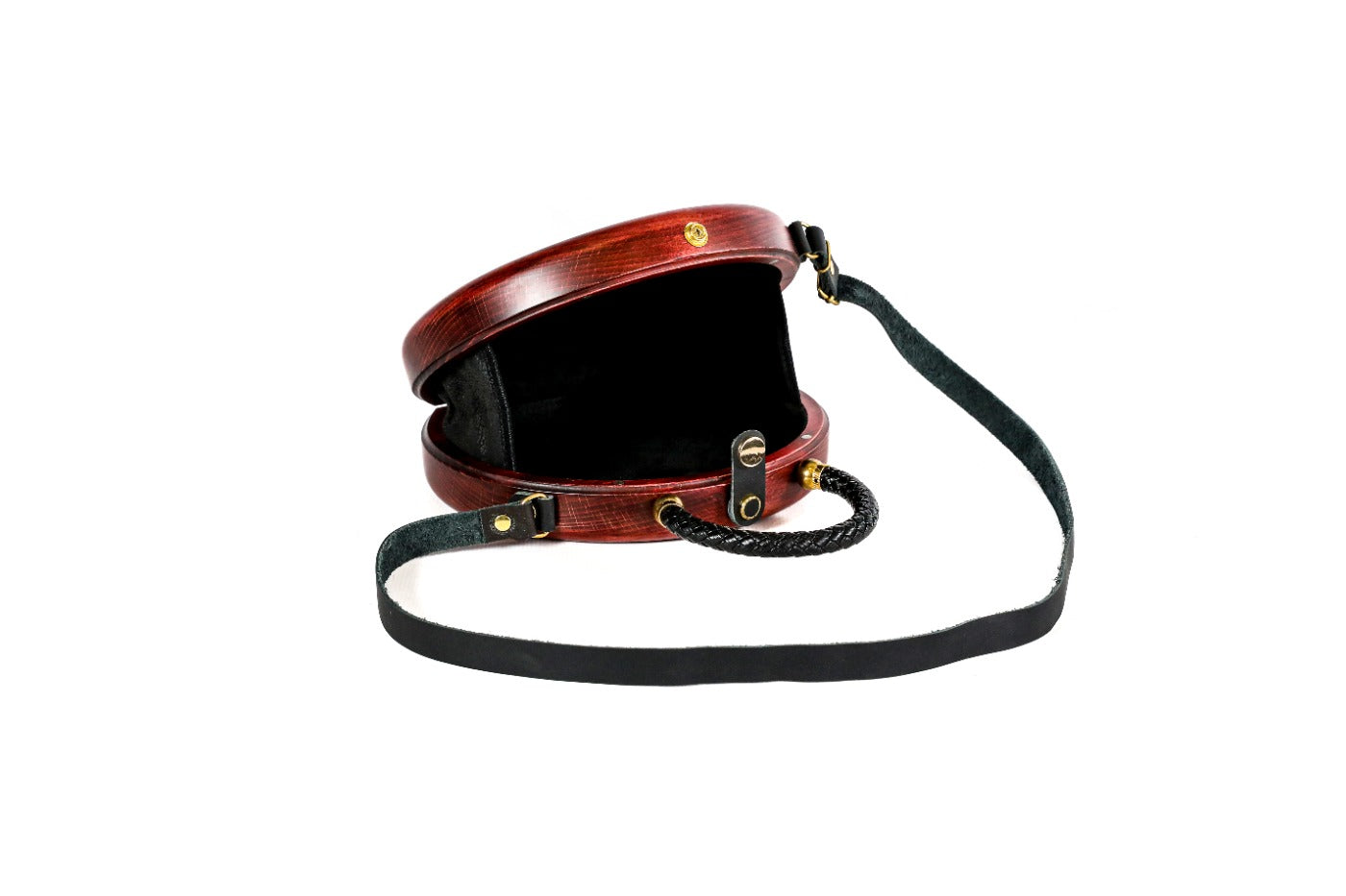 Cherry red wooden bag with leather strap — side view
