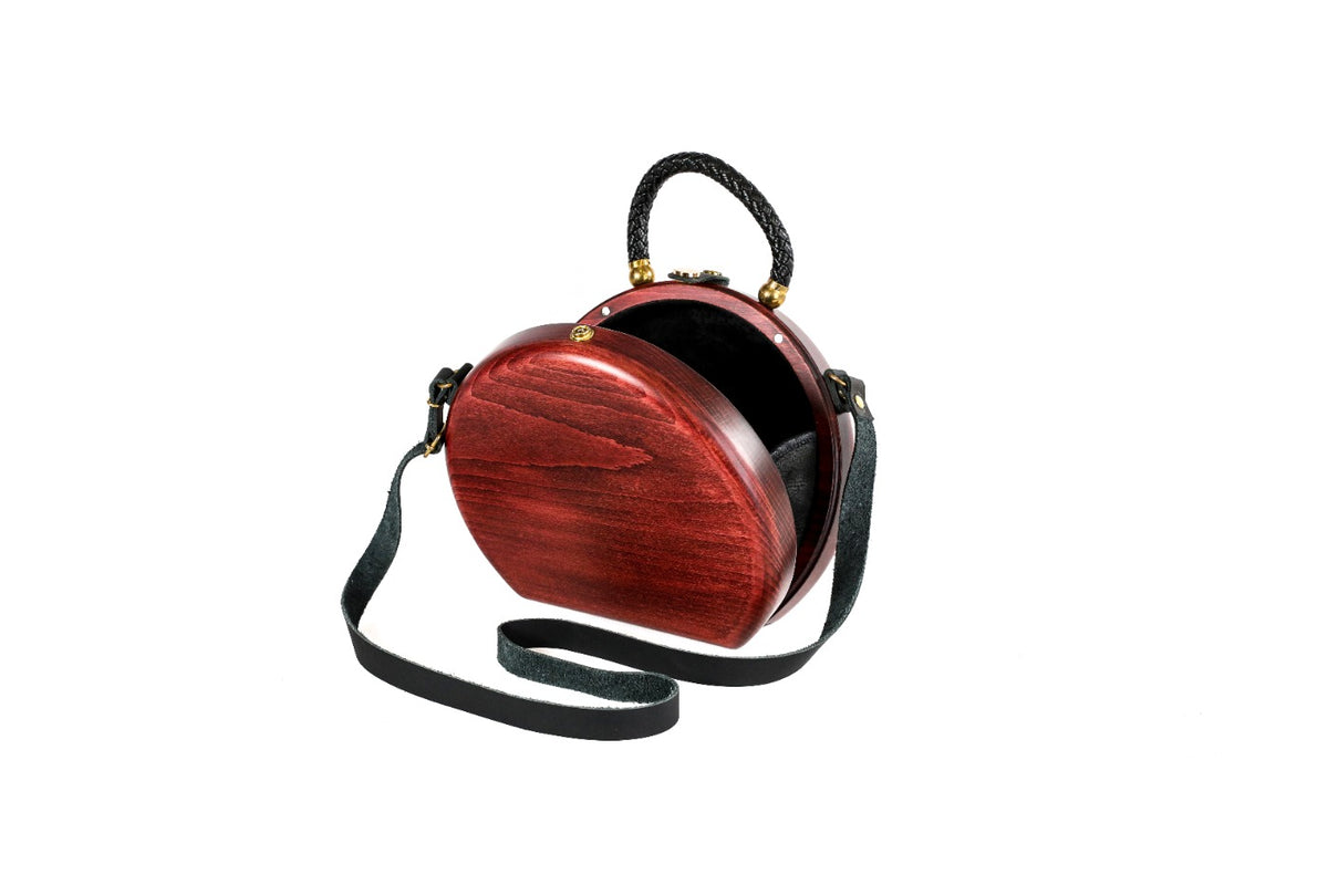Round wooden handbag in cherry red, 8.3" / 21 cm — full view
