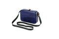 Handmade rectangular wooden handbag in indigo blue with leather strap, 8.7" / 22 cm, by Hrachya Ohanyan