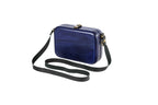 Handmade rectangular wooden handbag in indigo blue with leather strap, 8.7" / 22 cm, by Hrachya Ohanyan