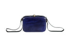 Rectangular wooden handbag in indigo blue — detail view