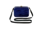 Rectangular wooden handbag in indigo blue, 8.7" / 22 cm — full view