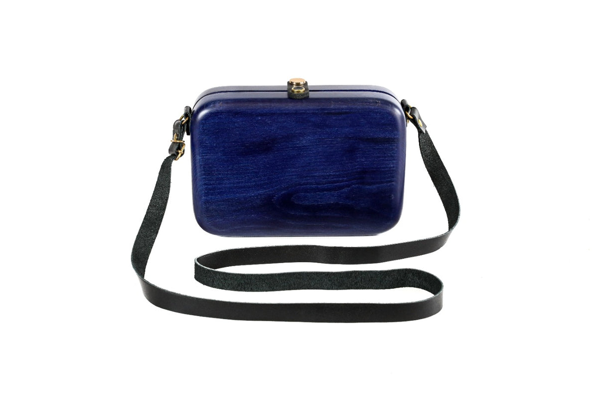 Rectangular wooden handbag in indigo blue, 8.7" / 22 cm — full view