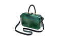 Handmade rectangular wooden handbag in malachite green with braided handle, 9.4" / 24 cm, by Hrachya Ohanyan