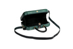 Rectangular wooden handbag in malachite green — detail view