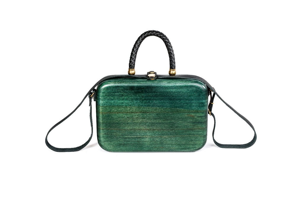 Malachite green wooden bag with leather strap — side view