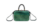 Malachite green wooden bag with leather strap — side view