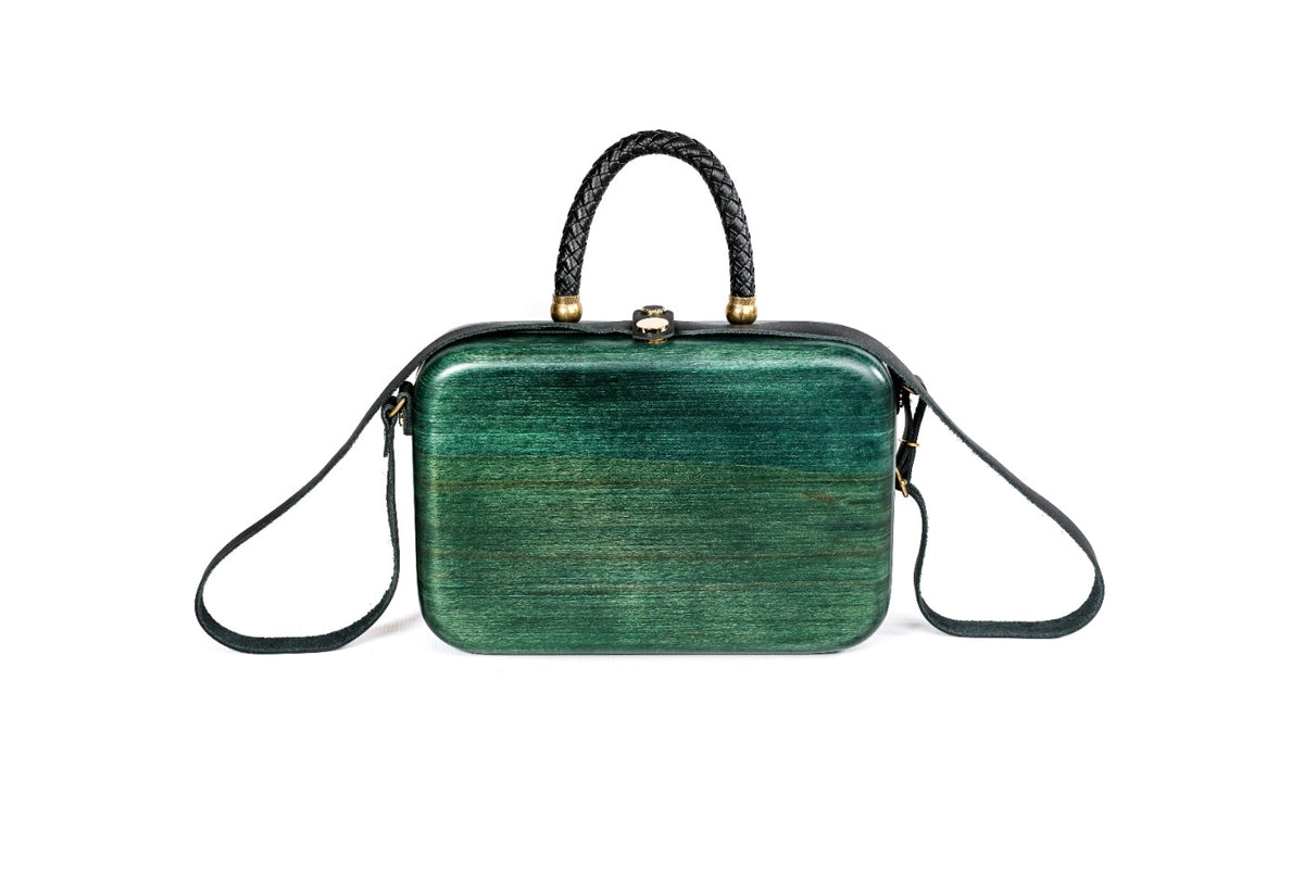 Malachite green wooden bag with leather strap — side view