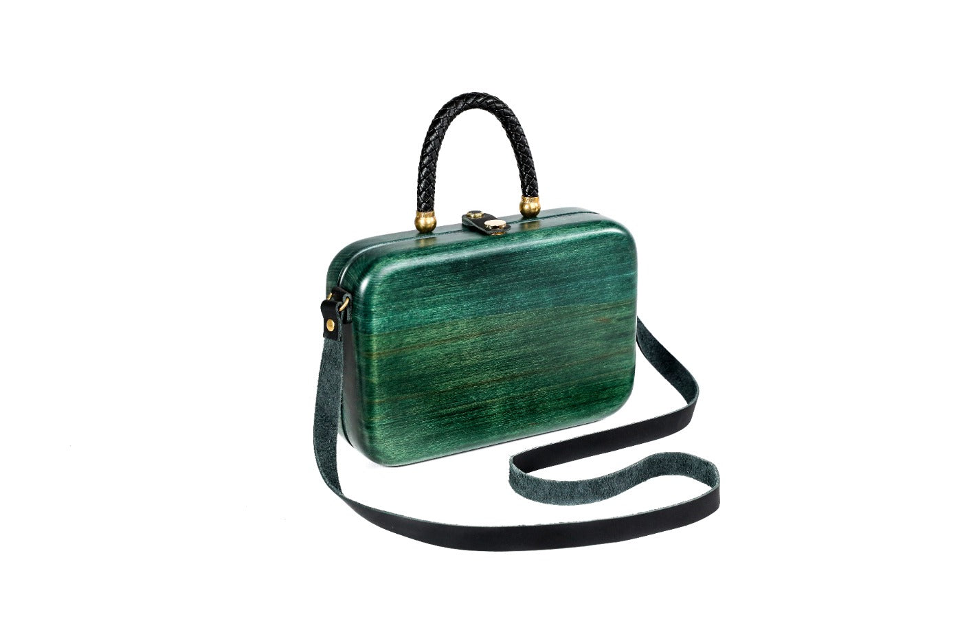 Handmade wooden handbag — braided handle close-up