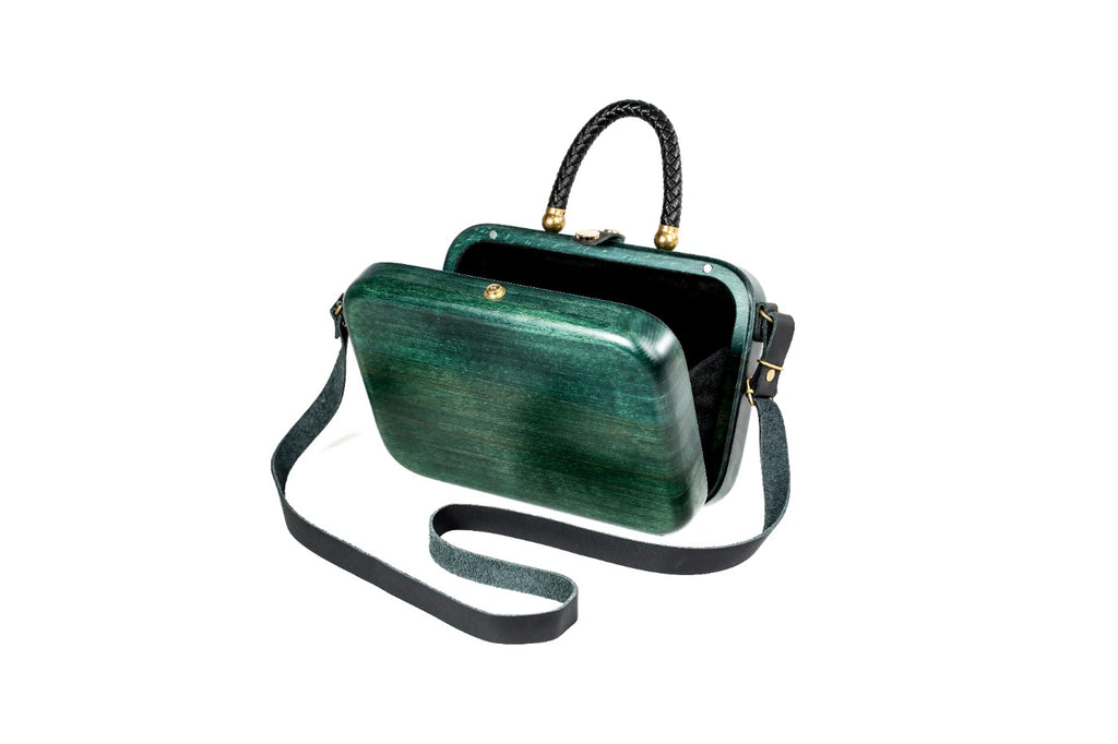 Rectangular wooden bag in malachite green — angle view