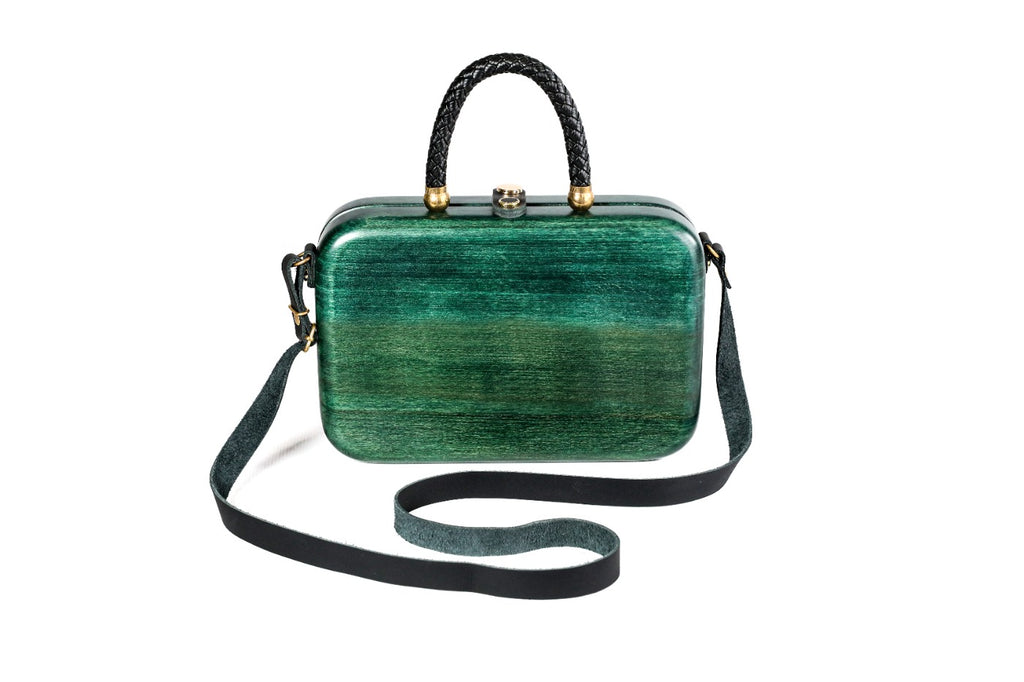 Rectangular wooden handbag in malachite green, 9.4" / 24 cm — full view