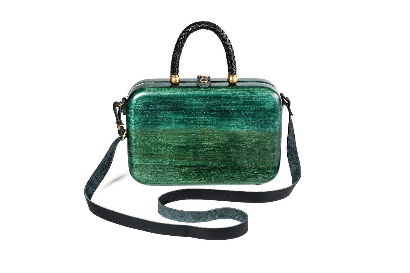 Rectangular wooden handbag in malachite green, 9.4" / 24 cm — full view