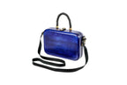 Handmade rectangular wooden handbag in sapphire blue with braided handle, 9.4" / 24 cm, by Hrachya Ohanyan