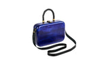 Rectangular wooden handbag in sapphire blue — detail view