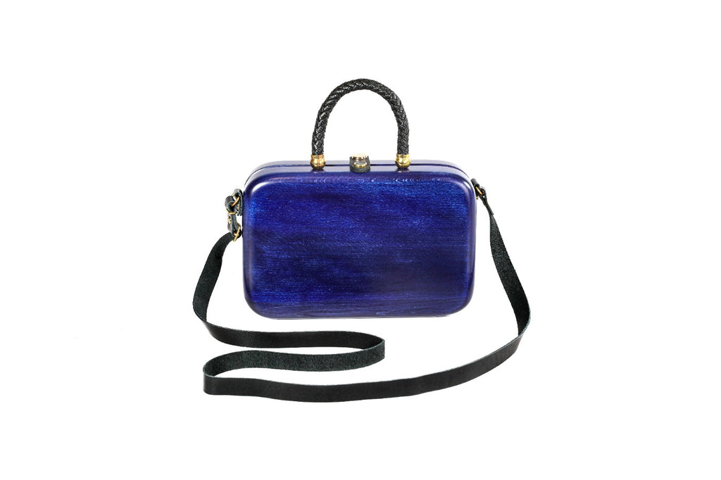 Rectangular wooden handbag in sapphire blue, 9.4" / 24 cm — full view