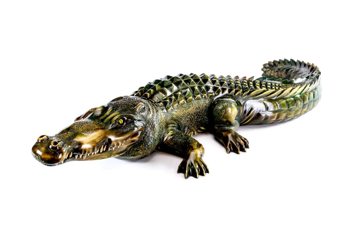 Hand-carved wooden crocodile sculpture, 43.7" / 111 cm, by Hrachya Ohanyan