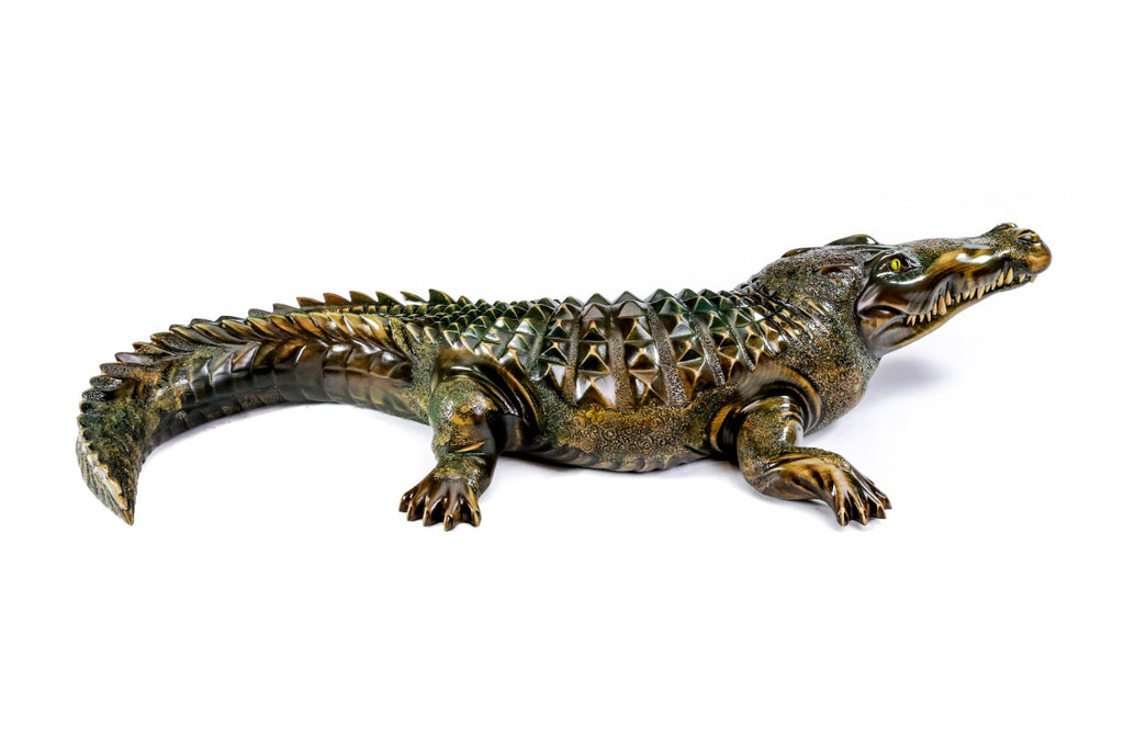 Crocodile sculpture hand carved by Hrachya Ohanyan — angle view