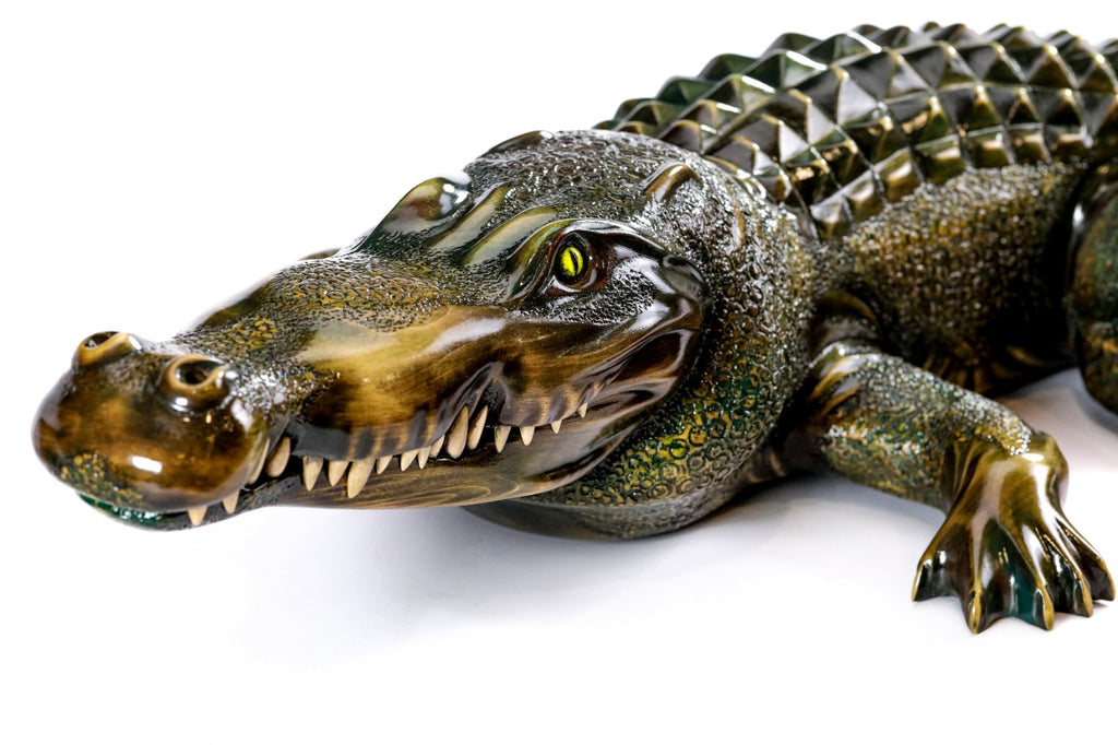 Wooden crocodile sculpture hand carved from linden wood — detail view