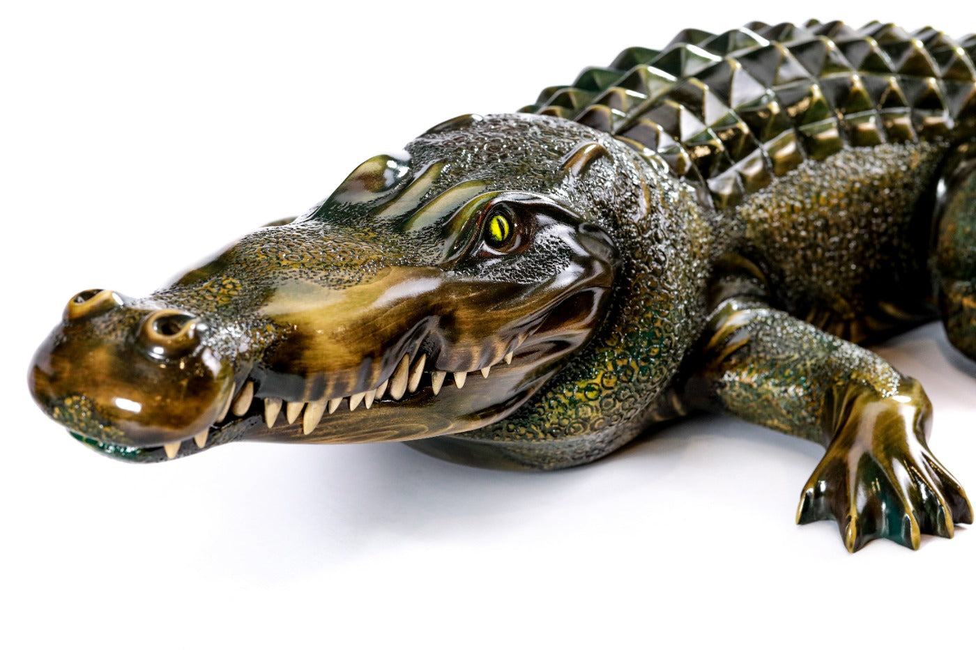 Wooden crocodile sculpture hand carved from linden wood — detail view