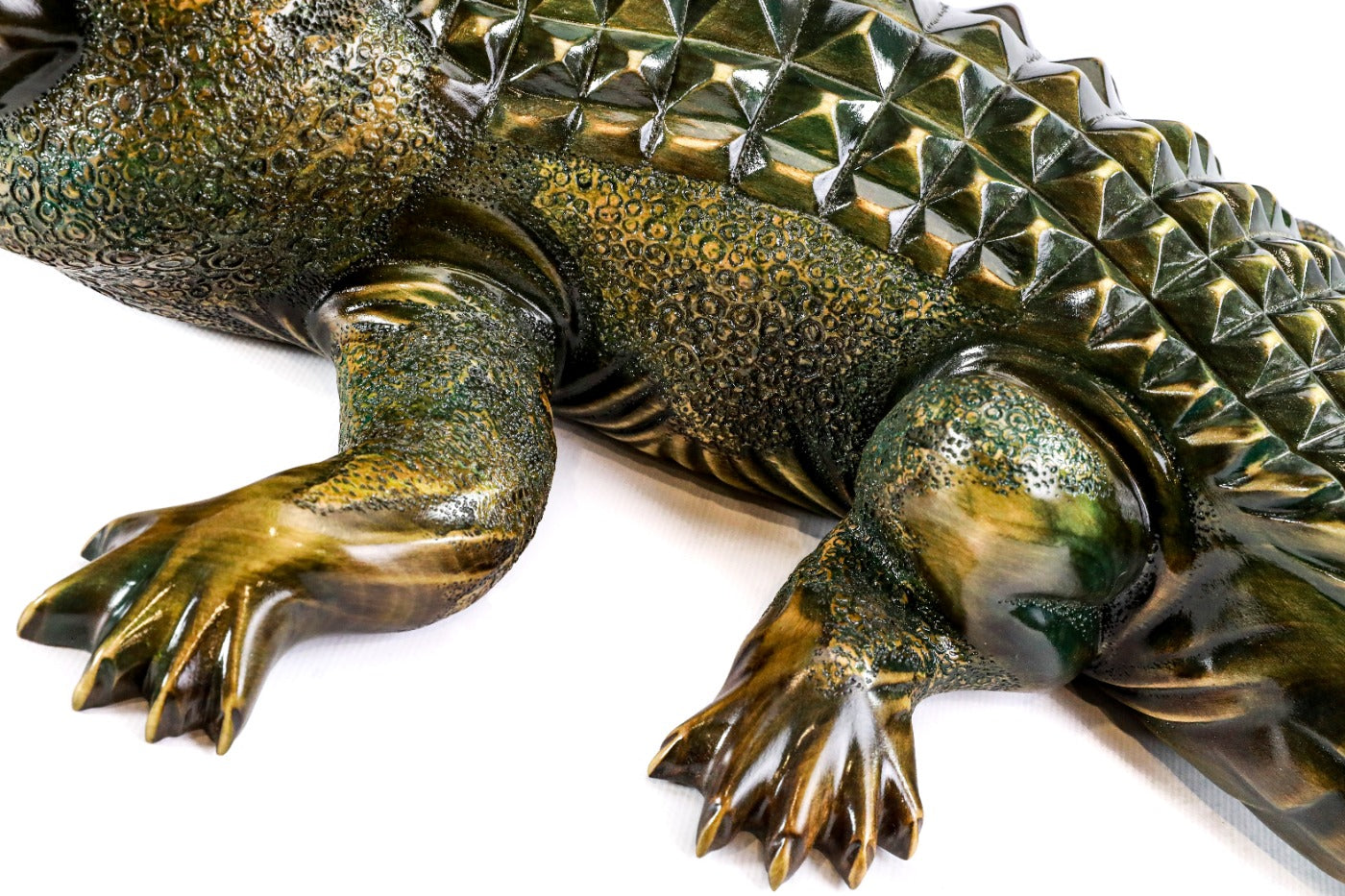Wooden crocodile sculpture, 43.7" / 111 cm — full view