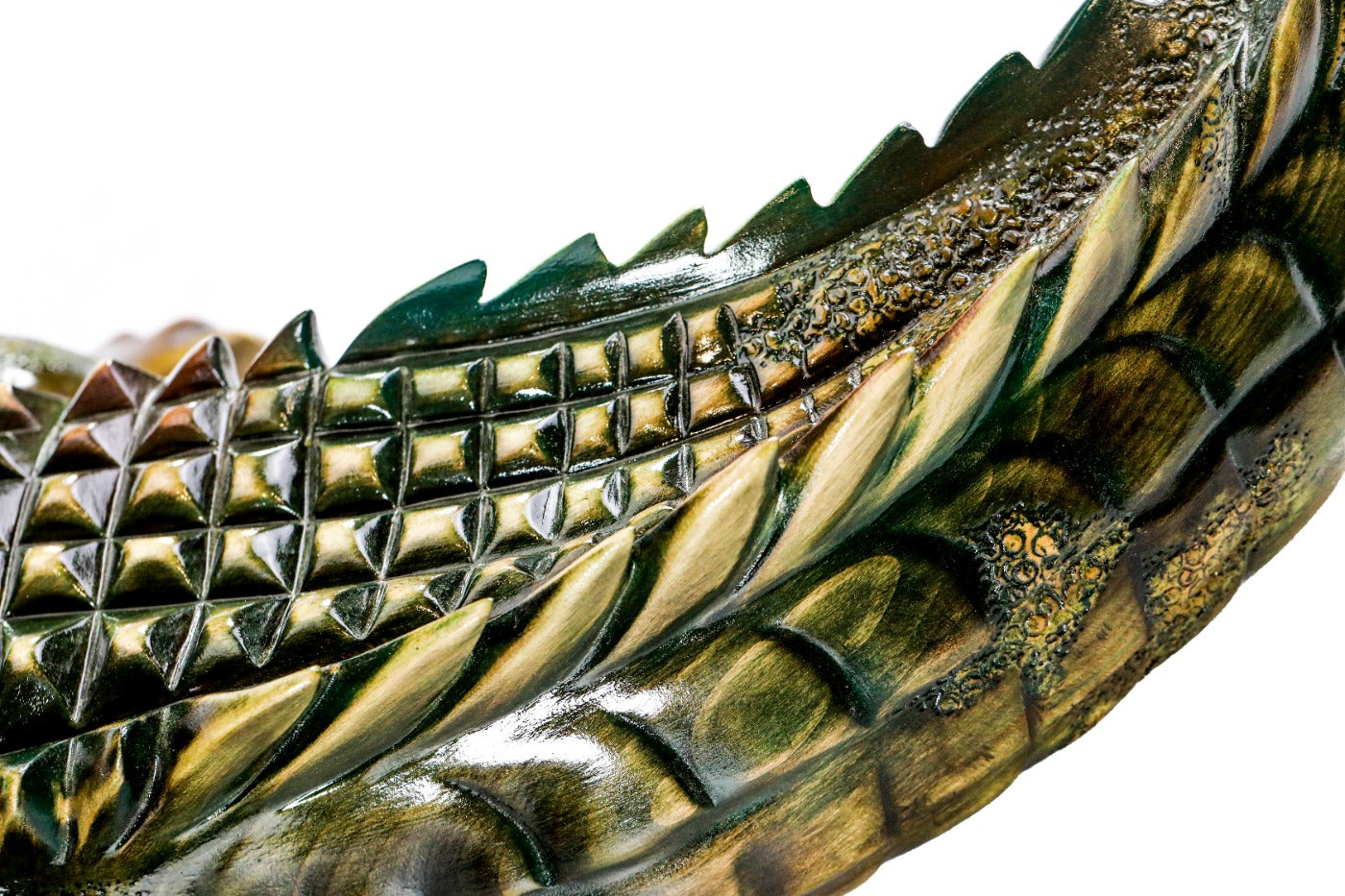 Hand-carved crocodile sculpture — display view