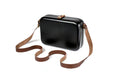 Handmade rectangular wooden handbag in black with brown leather strap, 8.7" / 22 cm, by Hrachya Ohanyan